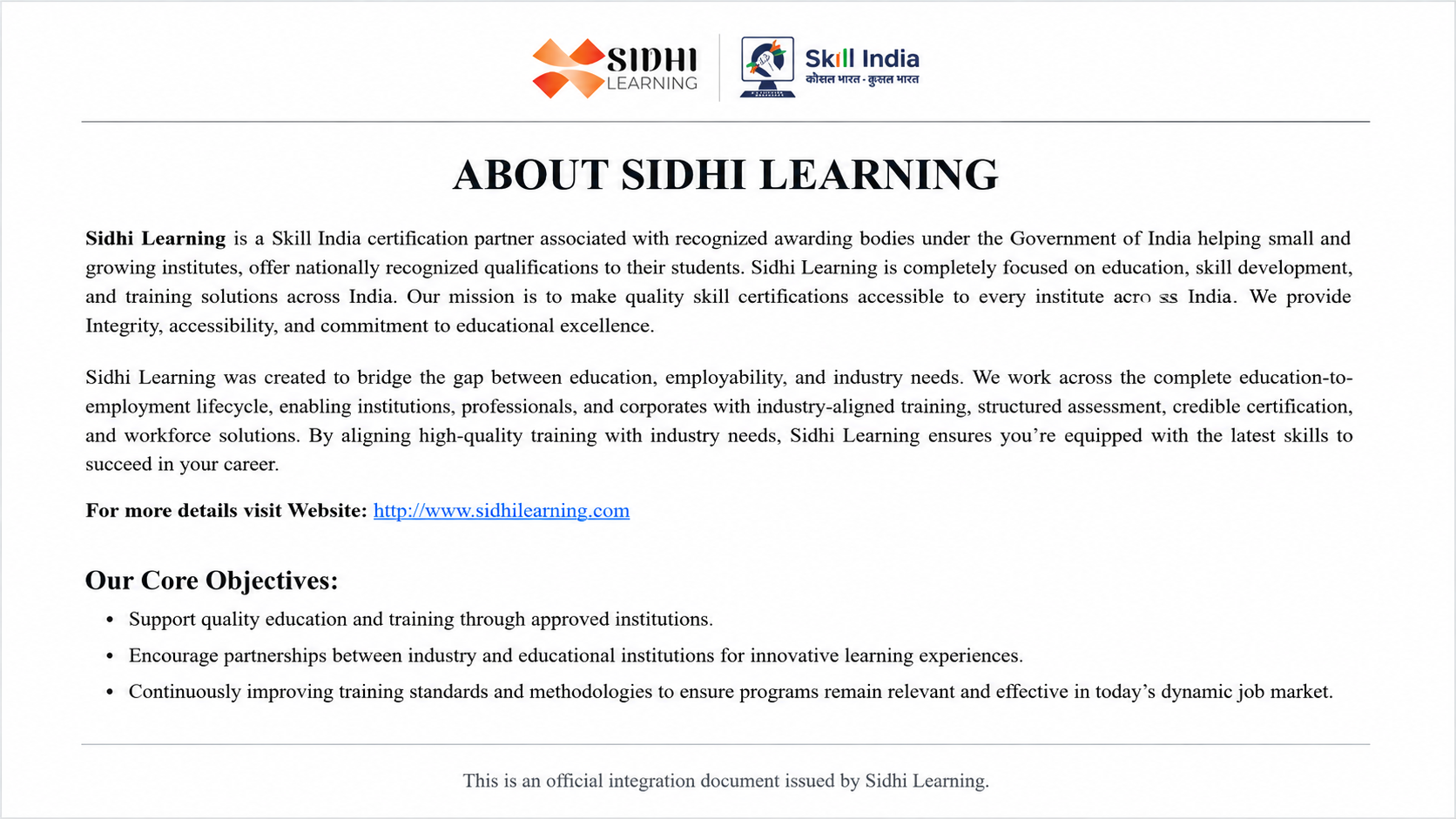 Sidhi Learning — NSDC Skill India Authorised Training Centre Certificate